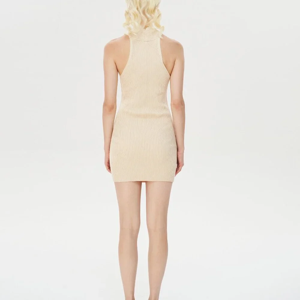 CIDER Knit Beige Rib Cross Halter Bodycon Mini Sleeveless Dress - Picture 4 of 6